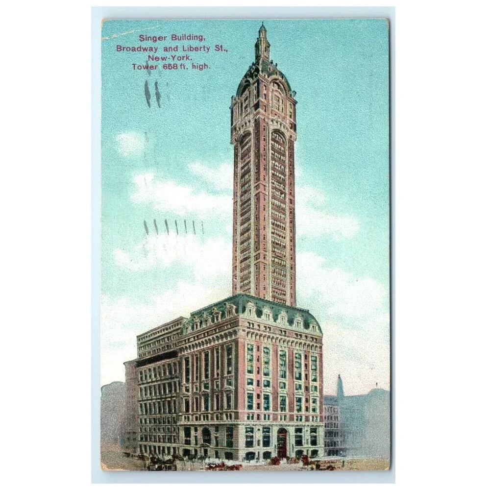 Vintage‎ Postcard New York City Singer Building Broadway Liberty Manhattan 1908